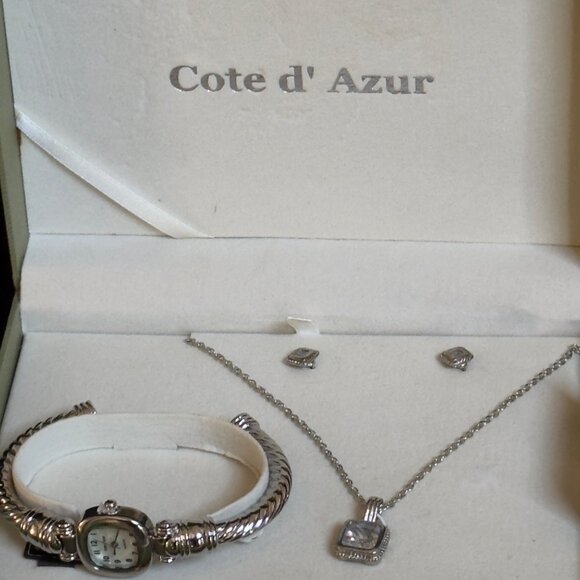 COTE D' AZUR Silver-Toned Jewelry Set Watch Necklace Earrings Clear Gemstones - Picture 16 of 16